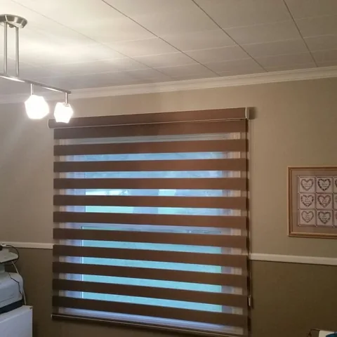 Banded shades on a dining room window under track lighting