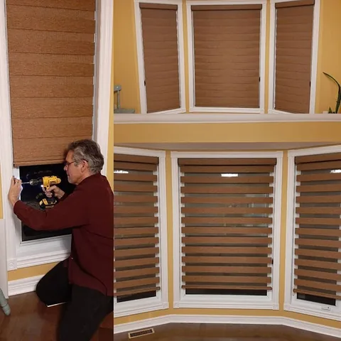 Installer fitting woven wood shades in a bay window